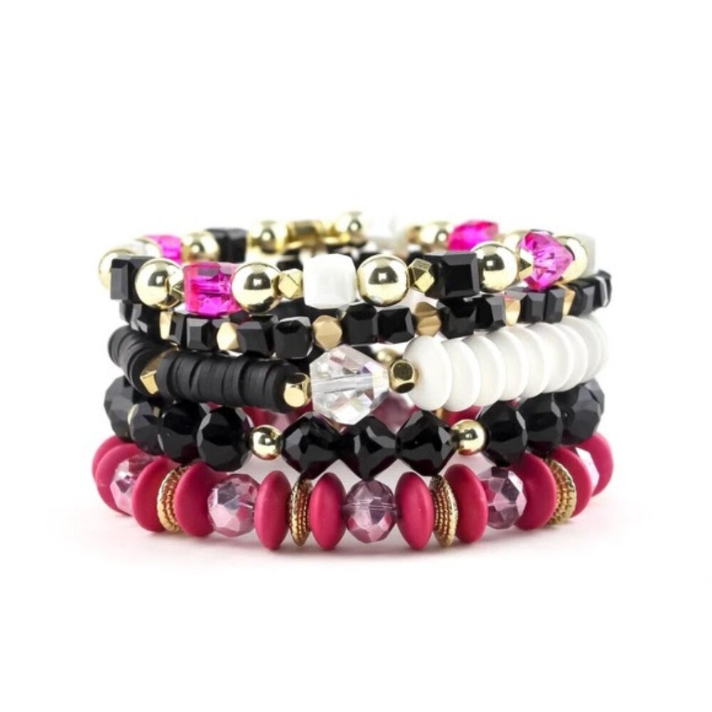 Erimish Metallic Bracelet Stack - Set of 5 Bracelets - Pink, Black, White